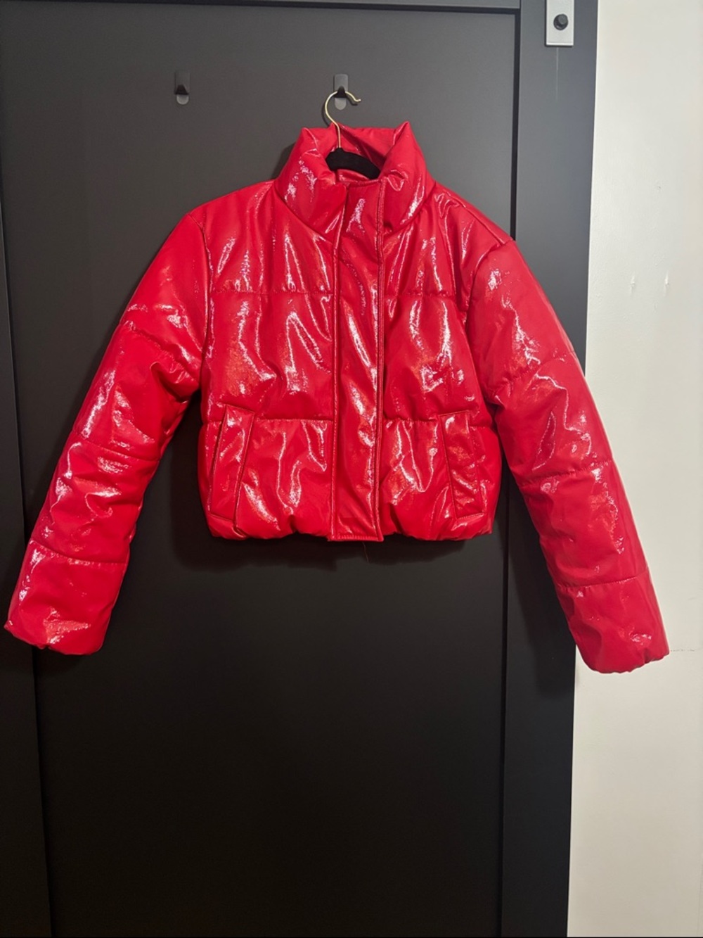 Shiny Red Cropped Puffer Jacket